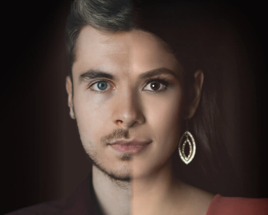 A composite of a half face of a man and a half face of a women