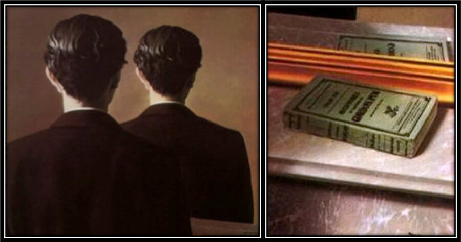 Detail of the (incorrect) reflection of the man and of the (correct) reflection of the book on the mirror