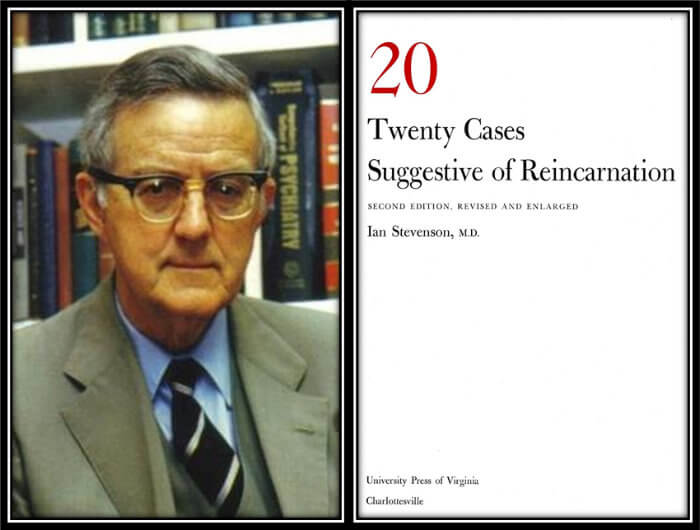 Ian Stevenson (left) and the cover of his book "Twenty Cases Suggestive of Reincarnation" (right)