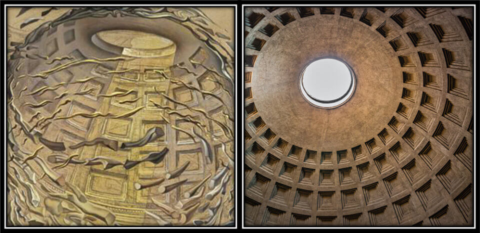 The domed ceiling of the Pantheon of Rome