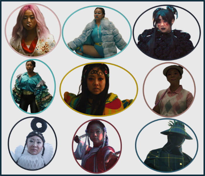 Some of Jobu Tupaki's various costumes