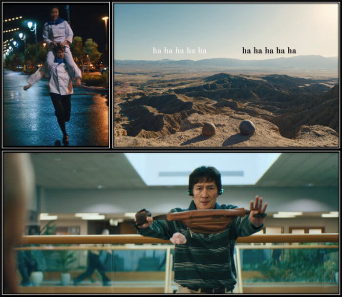 Some of the comedy scenes: "Raccaccoonie" (top left), rocks mute laughing (top right) and the fanny-pack fight (bottom)