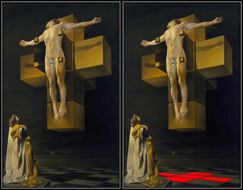 Shadow of the tesseract on chequered floor