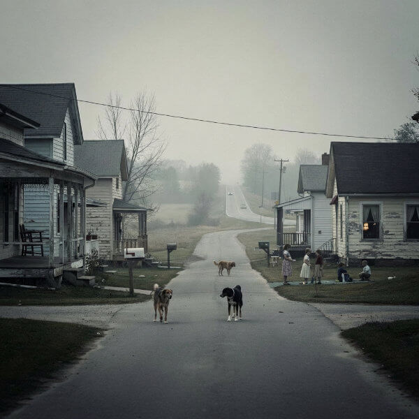 An imagined rendering of Merricat’s village, capturing its quiet unease and melancholic mood.